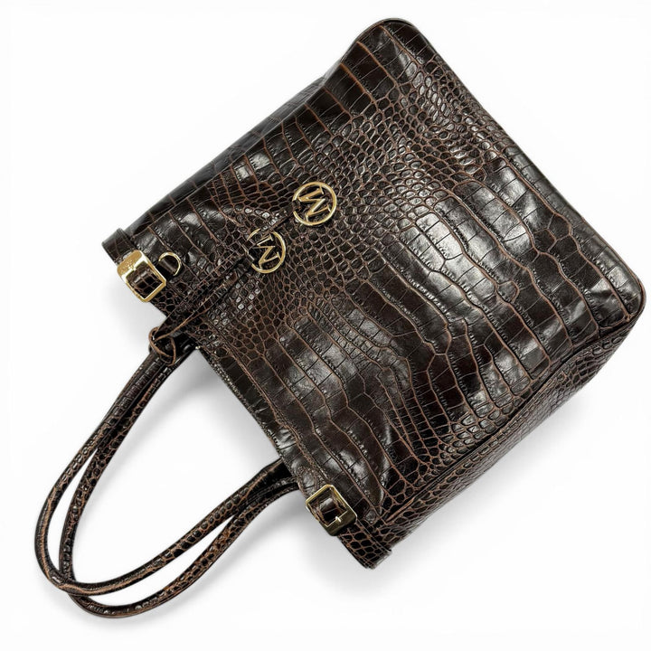 美品◇Max Mara マックスマーラ クロコエンボス ベルトデザイン チャーム付 レザー トートバッグ ブラウン ゴールド金具 伊製 レディース