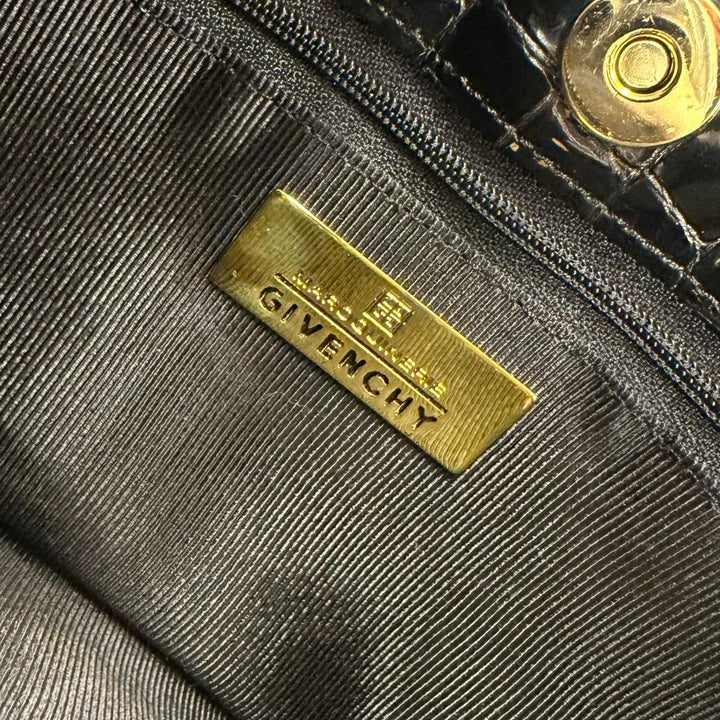 極美品☆GIVENCHY ジバンシィ ロゴ金具 クロコ型押し レザー ショルダーバッグ ハンドバッグ ブラック 日本製 レディース 箱付き