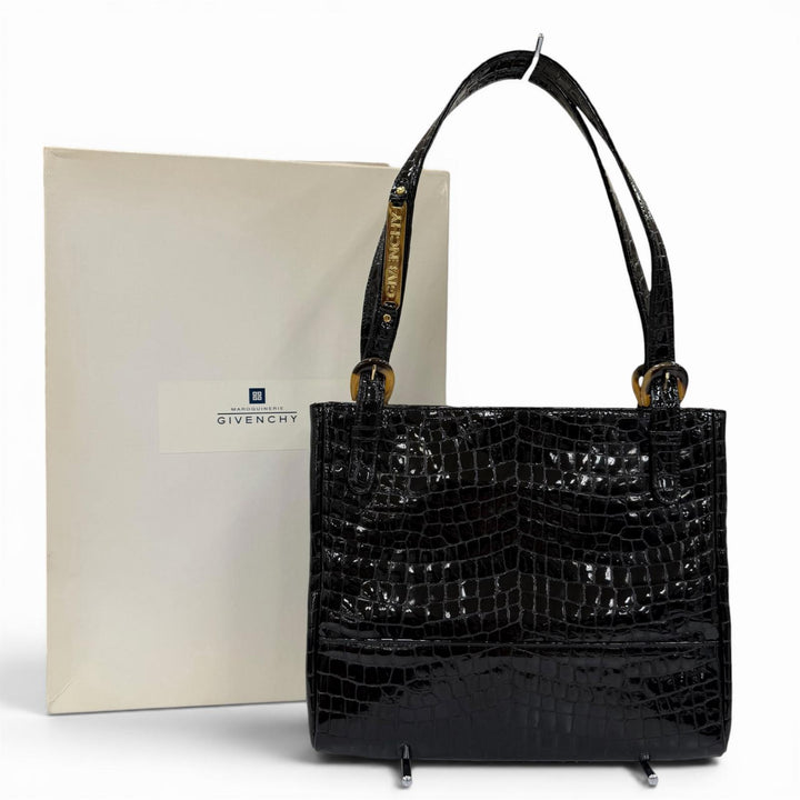 極美品☆GIVENCHY ジバンシィ ロゴ金具 クロコ型押し レザー ショルダーバッグ ハンドバッグ ブラック 日本製 レディース 箱付き