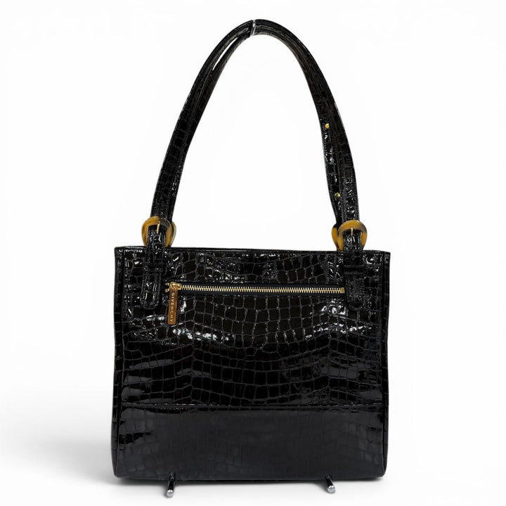 極美品☆GIVENCHY ジバンシィ ロゴ金具 クロコ型押し レザー ショルダーバッグ ハンドバッグ ブラック 日本製 レディース 箱付き