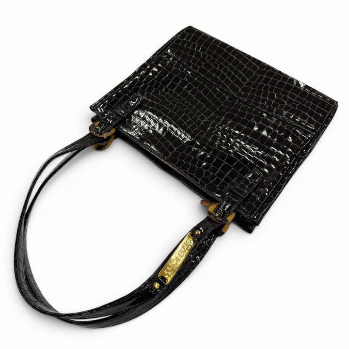 極美品☆GIVENCHY ジバンシィ ロゴ金具 クロコ型押し レザー ショルダーバッグ ハンドバッグ ブラック 日本製 レディース 箱付き