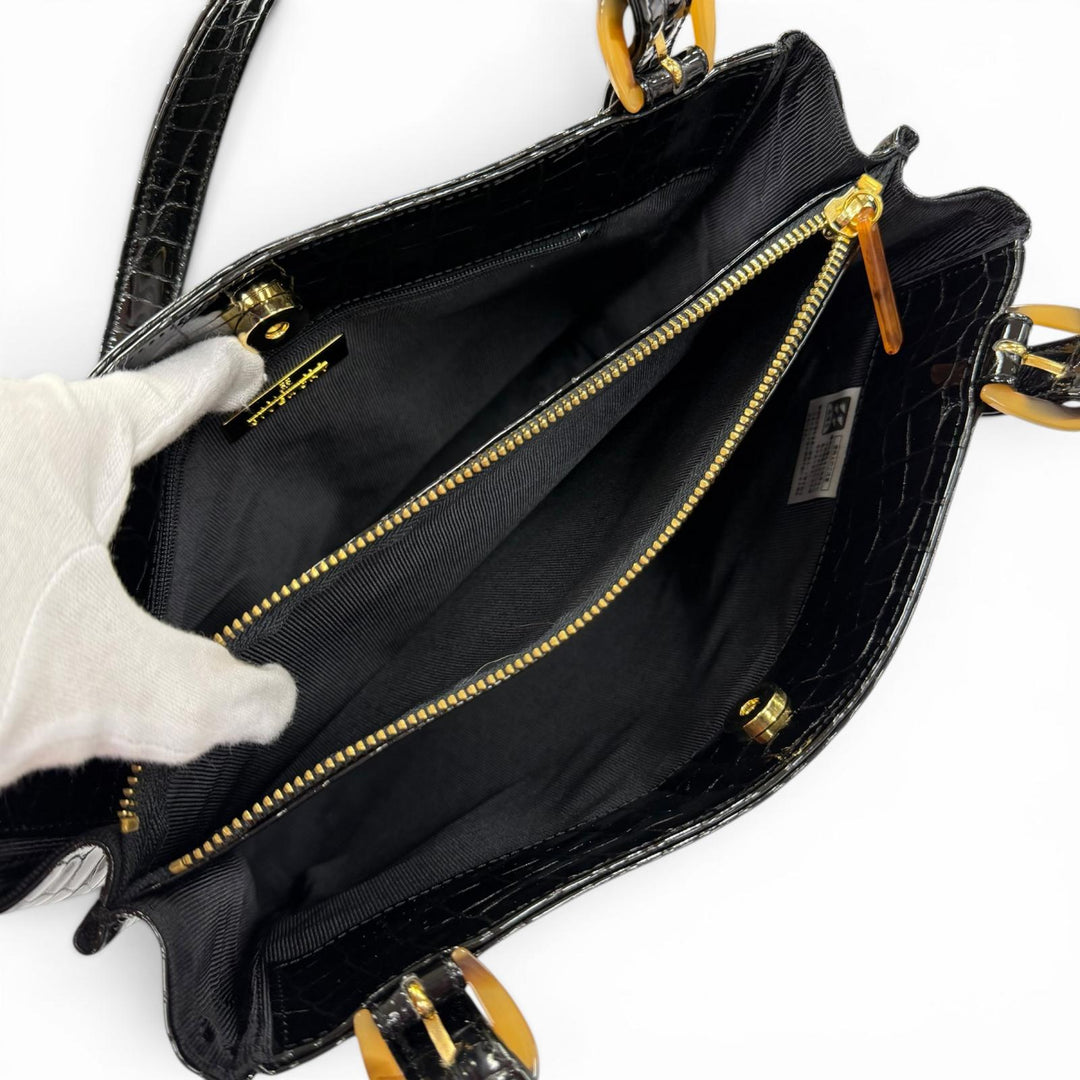 極美品☆GIVENCHY ジバンシィ ロゴ金具 クロコ型押し レザー ショルダーバッグ ハンドバッグ ブラック 日本製 レディース 箱付き