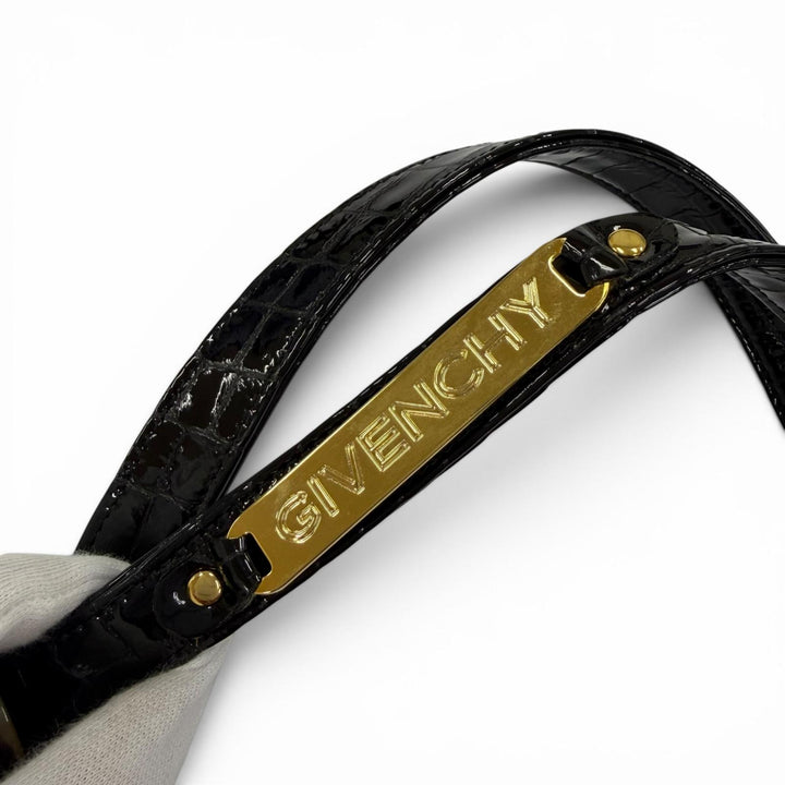 極美品☆GIVENCHY ジバンシィ ロゴ金具 クロコ型押し レザー ショルダーバッグ ハンドバッグ ブラック 日本製 レディース 箱付き