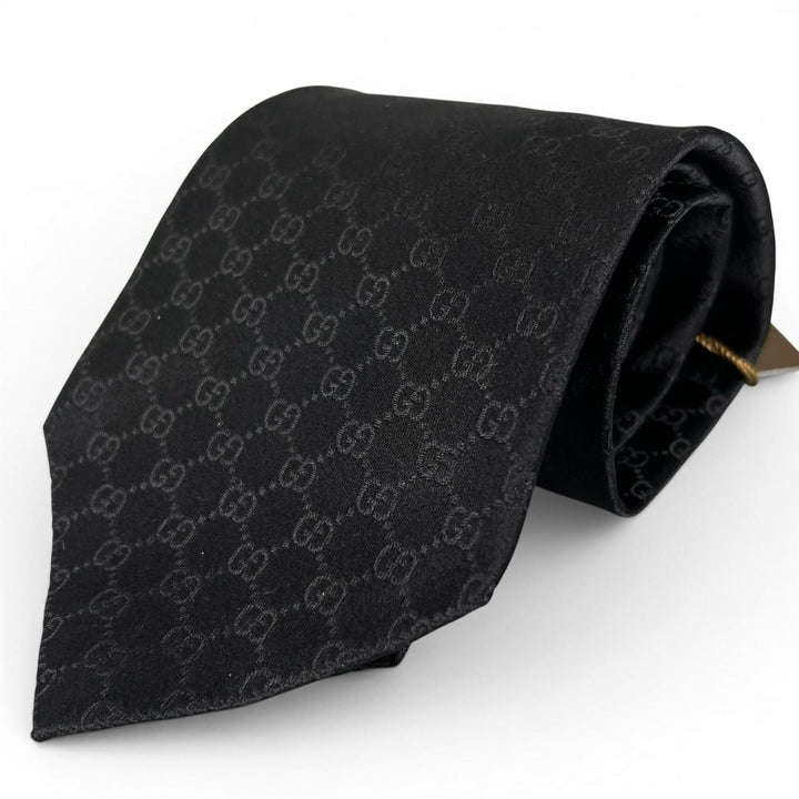 未使用品▲GUCCI グッチ シルク100％ GGパターン GGロゴ ワイドタイ ネクタイ ブラック イタリア製 メンズ