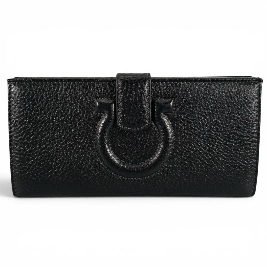 未使用品▲Salvatore Ferragamo サルヴァトーレフェラガモ ガンチーニ レザー ロングウォレット 長財布 ブラック 伊製 レディース 箱付き