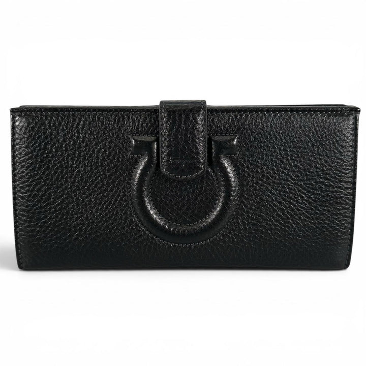未使用品▲Salvatore Ferragamo サルヴァトーレフェラガモ ガンチーニ レザー ロングウォレット 長財布 ブラック 伊製 レディース 箱付き