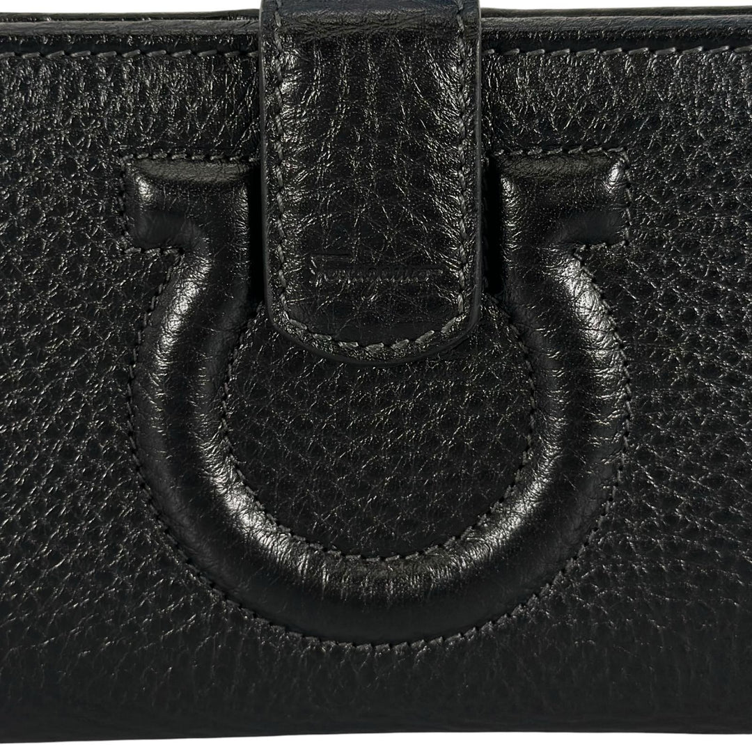 未使用品▲Salvatore Ferragamo サルヴァトーレフェラガモ ガンチーニ レザー ロングウォレット 長財布 ブラック 伊製 レディース 箱付き