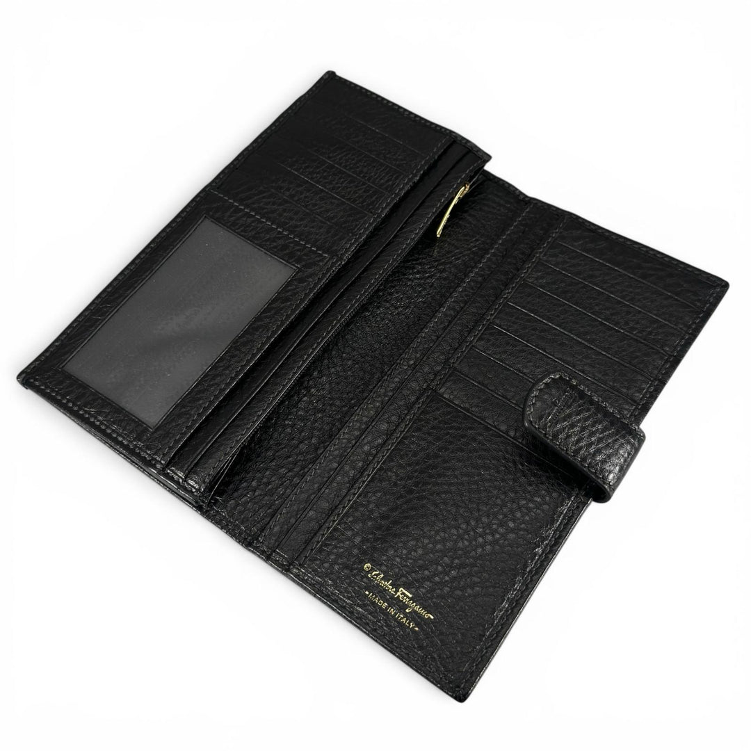 未使用品▲Salvatore Ferragamo サルヴァトーレフェラガモ ガンチーニ レザー ロングウォレット 長財布 ブラック 伊製 レディース 箱付き