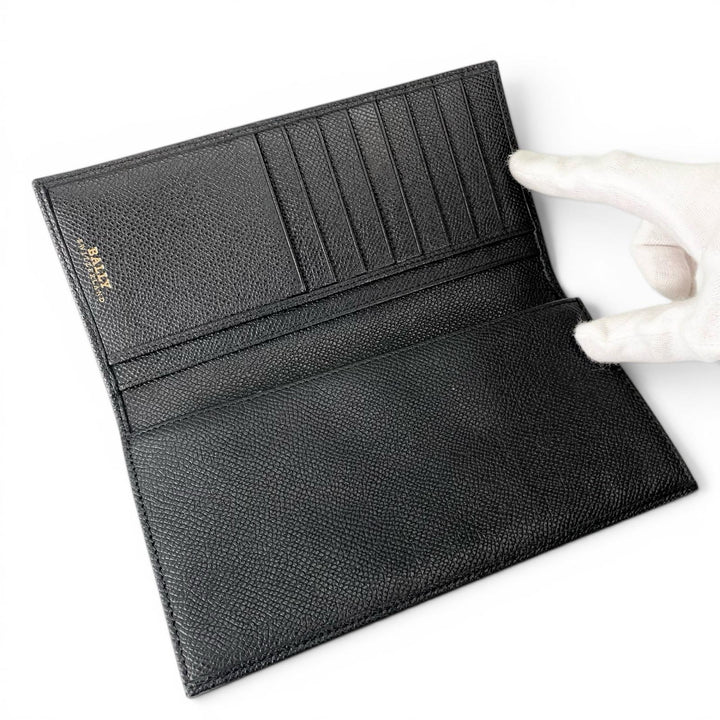 極美品▲BALLY バリー LALIRO ロゴ金具付き レザー ロングウォレット 2つ折り 長財布 ブラック シルバー金具 メンズ 箱・保存袋付き