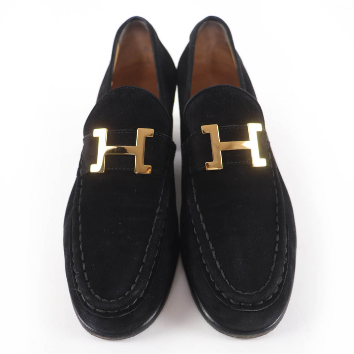 美品☆HERMES エルメス ヴィンテージ コンスタンス ゴールド金具 H金具 スウェードレザー ローファー ブラック 37 イタリア製 レディース
