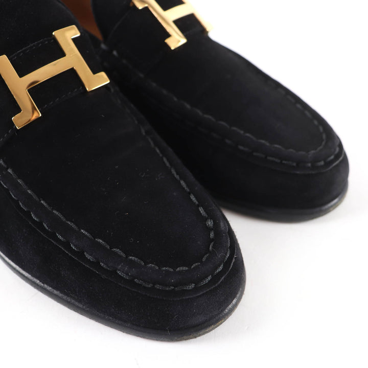 美品☆HERMES エルメス ヴィンテージ コンスタンス ゴールド金具 H金具 スウェードレザー ローファー ブラック 37 イタリア製 レディース