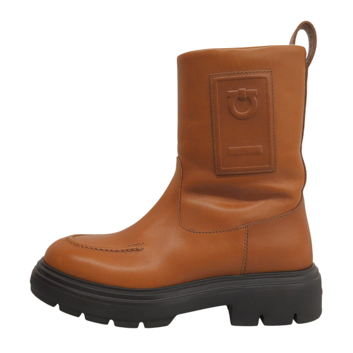 美品▲FERRAGAMO フェラガモ 776773 TIRBA FUR ガンチーニ 裏ボア レザー ショートブーツ ブラウン 4.5 箱・保存袋付き 伊製 レディース