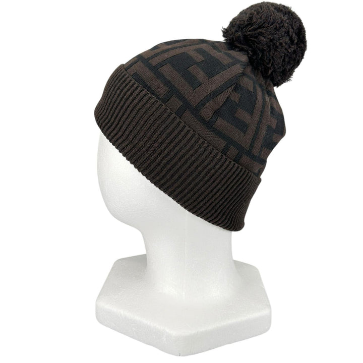 未使用品▲FENDI フェンディ ウール100% ズッカ柄 ジャガード織り ボンボン付 ニット帽 ニットキャップ ブラウン イタリア製 レディース