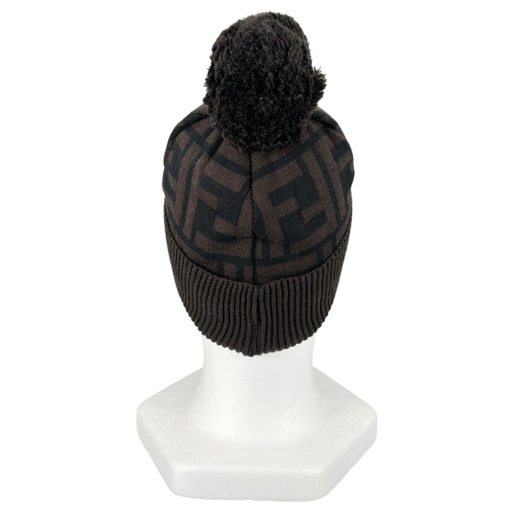 未使用品▲FENDI フェンディ ウール100% ズッカ柄 ジャガード織り ボンボン付 ニット帽 ニットキャップ ブラウン イタリア製 レディース