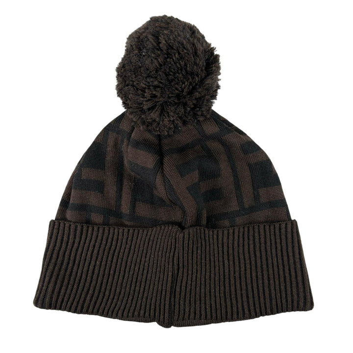 未使用品▲FENDI フェンディ ウール100% ズッカ柄 ジャガード織り ボンボン付 ニット帽 ニットキャップ ブラウン イタリア製 レディース
