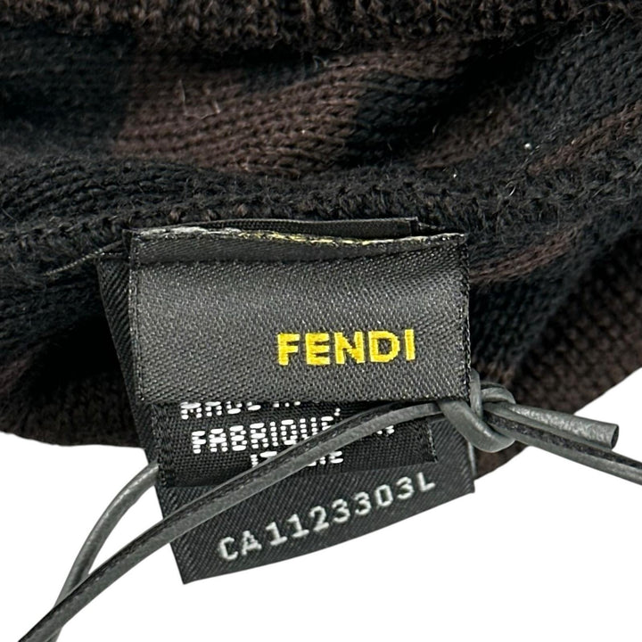 未使用品▲FENDI フェンディ ウール100% ズッカ柄 ジャガード織り ボンボン付 ニット帽 ニットキャップ ブラウン イタリア製 レディース