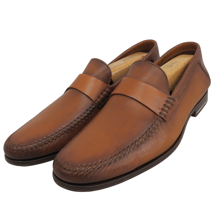 極美品▲Santoni サントーニ ステッチデザイン モカシン レザーローファー ビジネスシューズ ブラウン 5.5 イタリア製 メンズ