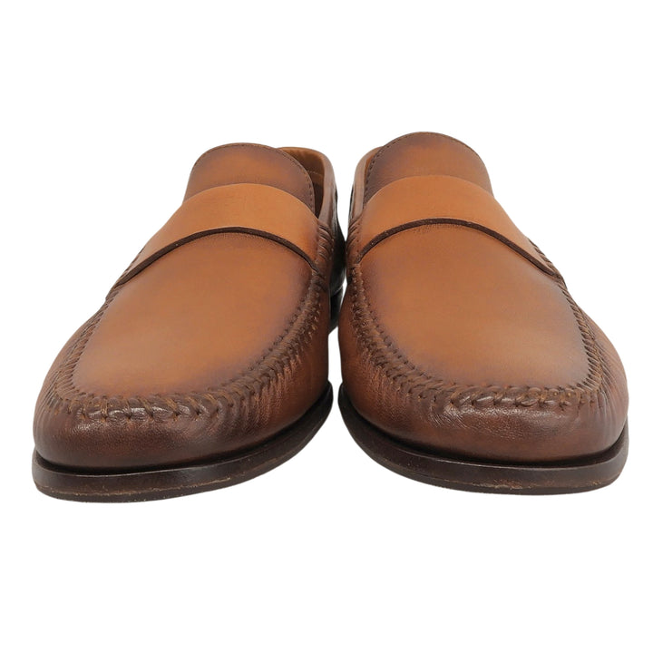 極美品▲Santoni サントーニ ステッチデザイン モカシン レザーローファー ビジネスシューズ ブラウン 5.5 イタリア製 メンズ