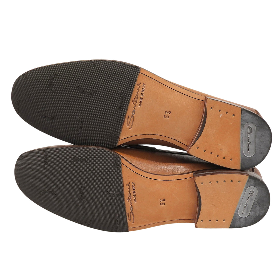 極美品▲Santoni サントーニ ステッチデザイン モカシン レザーローファー ビジネスシューズ ブラウン 5.5 イタリア製 メンズ