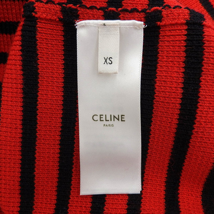 美品▲CELINE セリーヌ 2A218954D ショルダージップ ボーダー柄 ボートネック ウール ニット レッド ブラック XS イタリア製 正規品