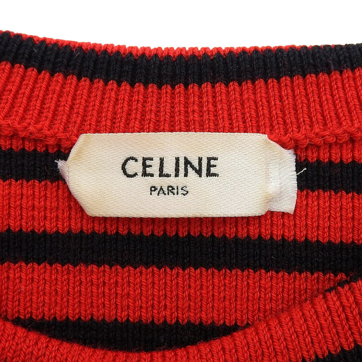 美品▲CELINE セリーヌ 2A218954D ショルダージップ ボーダー柄 ボートネック ウール ニット レッド ブラック XS イタリア製 正規品