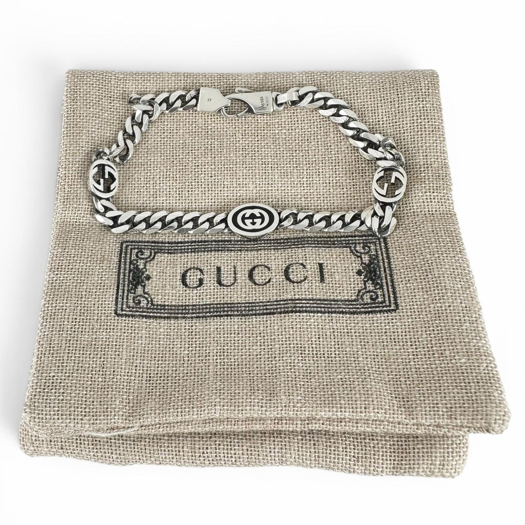美品▲GUCCI グッチ 678660 インターロッキングＧ 現行品 チェーン ブレスレット AG925 シルバー 17cm 重量7.6g レディース 保存袋付き