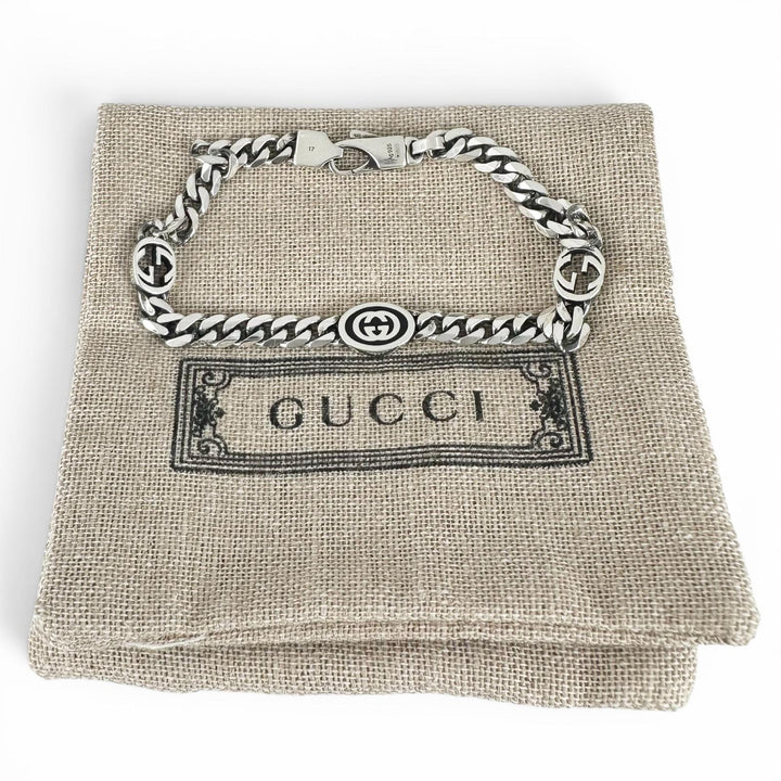 美品▲GUCCI グッチ 678660 インターロッキングＧ 現行品 チェーン ブレスレット AG925 シルバー 17cm 重量7.6g レディース 保存袋付き