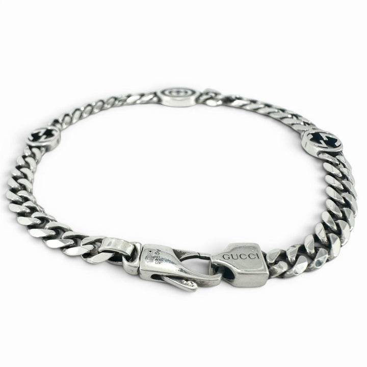 美品▲GUCCI グッチ 678660 インターロッキングＧ 現行品 チェーン ブレスレット AG925 シルバー 17cm 重量7.6g レディース 保存袋付き