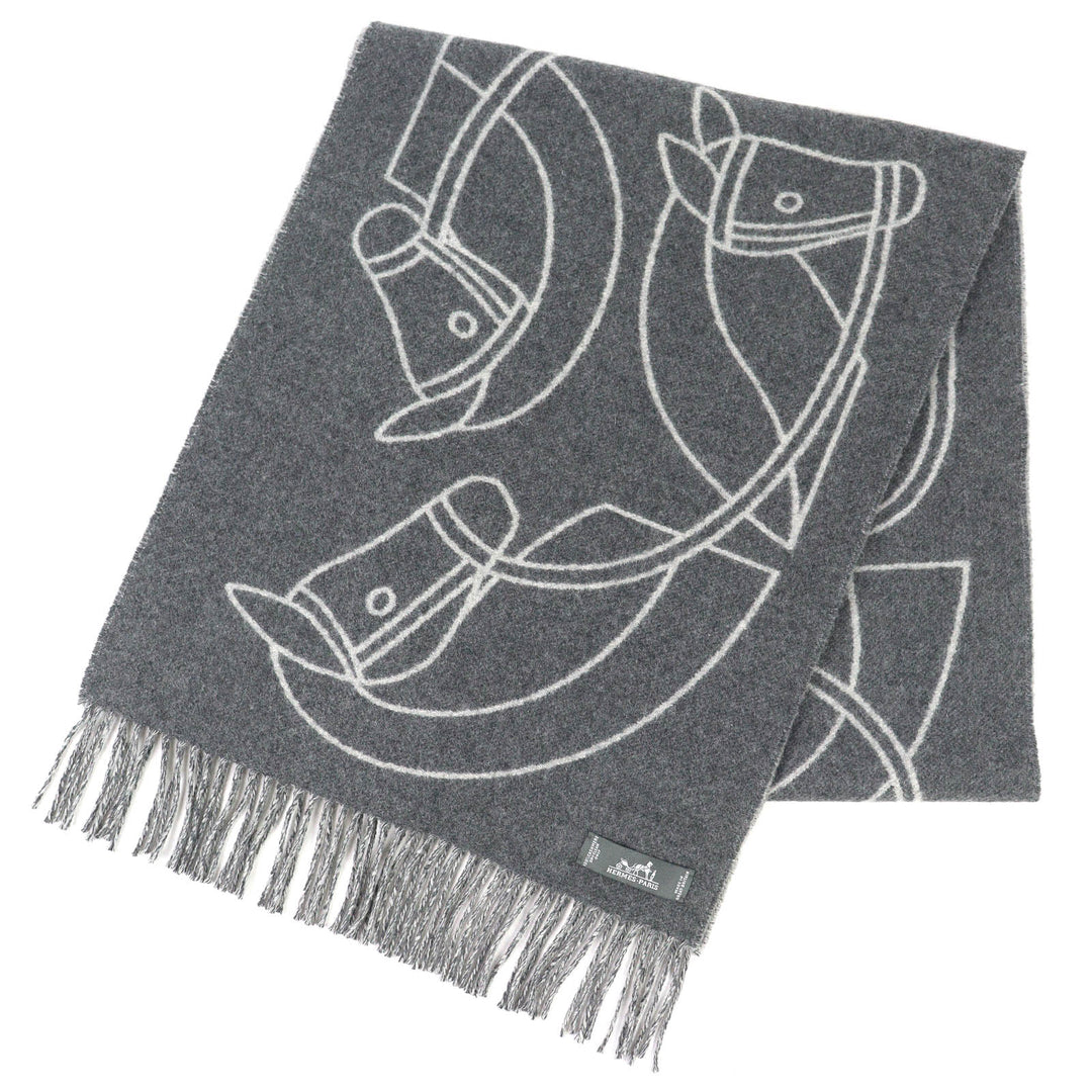 極美品△HERMES エルメス アントルラック エケストル マフラー カシミヤ100％ ホース 馬 フリンジ バイカラー グレー 英国製 レディース