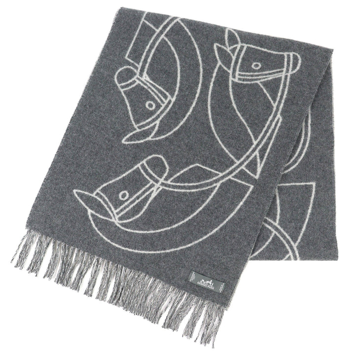 極美品△HERMES エルメス アントルラック エケストル マフラー カシミヤ100％ ホース 馬 フリンジ バイカラー グレー 英国製 レディース