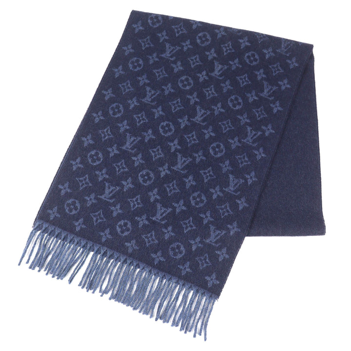 極美品△LOUIS VUITTON ルイヴィトン 2016年製 M70257 エシャルプ モノグラム グラディエント カシミヤ ウール マフラー ネイビー 正規品