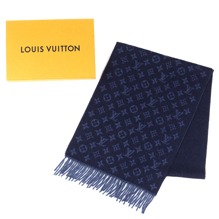 極美品△LOUIS VUITTON ルイヴィトン 2016年製 M70257 エシャルプ モノグラム グラディエント カシミヤ ウール マフラー ネイビー 正規品