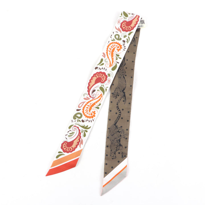 未使用品★エルメス ツイリー GUEPARDS BANDANA チーター バンダナ シルク100％ 白 / オランジュ・キュイ / グリーン スカーフ 箱付