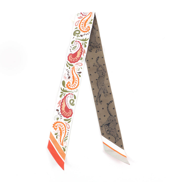 未使用品★エルメス ツイリー GUEPARDS BANDANA チーター バンダナ シルク100％ 白 / オランジュ・キュイ / グリーン スカーフ 箱付