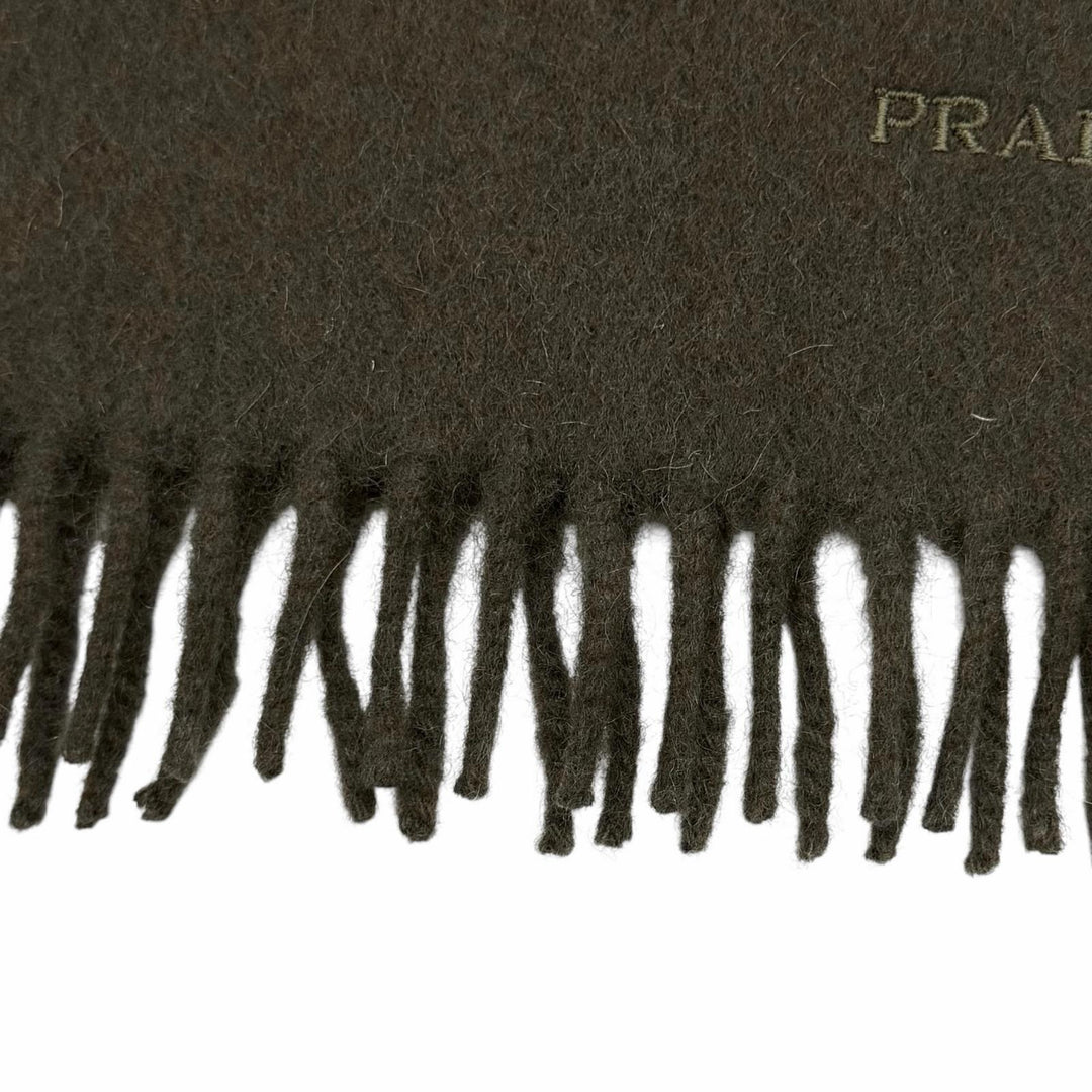 美品★PRADA プラダ ウール カシミヤ混 ロゴ刺繍入り 無地 フリンジ付 マフラー ストール ダークブラウン 20×160 正規品 レディース