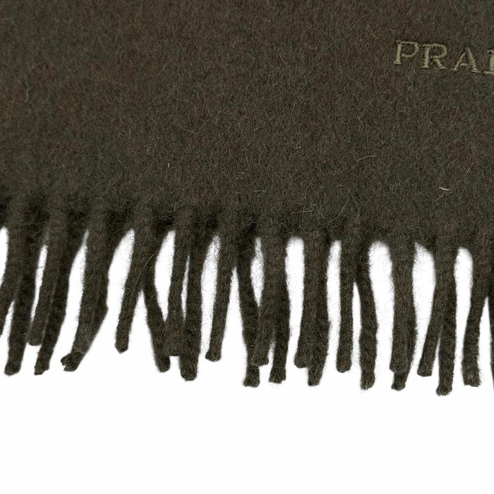 美品★PRADA プラダ ウール カシミヤ混 ロゴ刺繍入り 無地 フリンジ付 マフラー ストール ダークブラウン 20×160 正規品 レディース