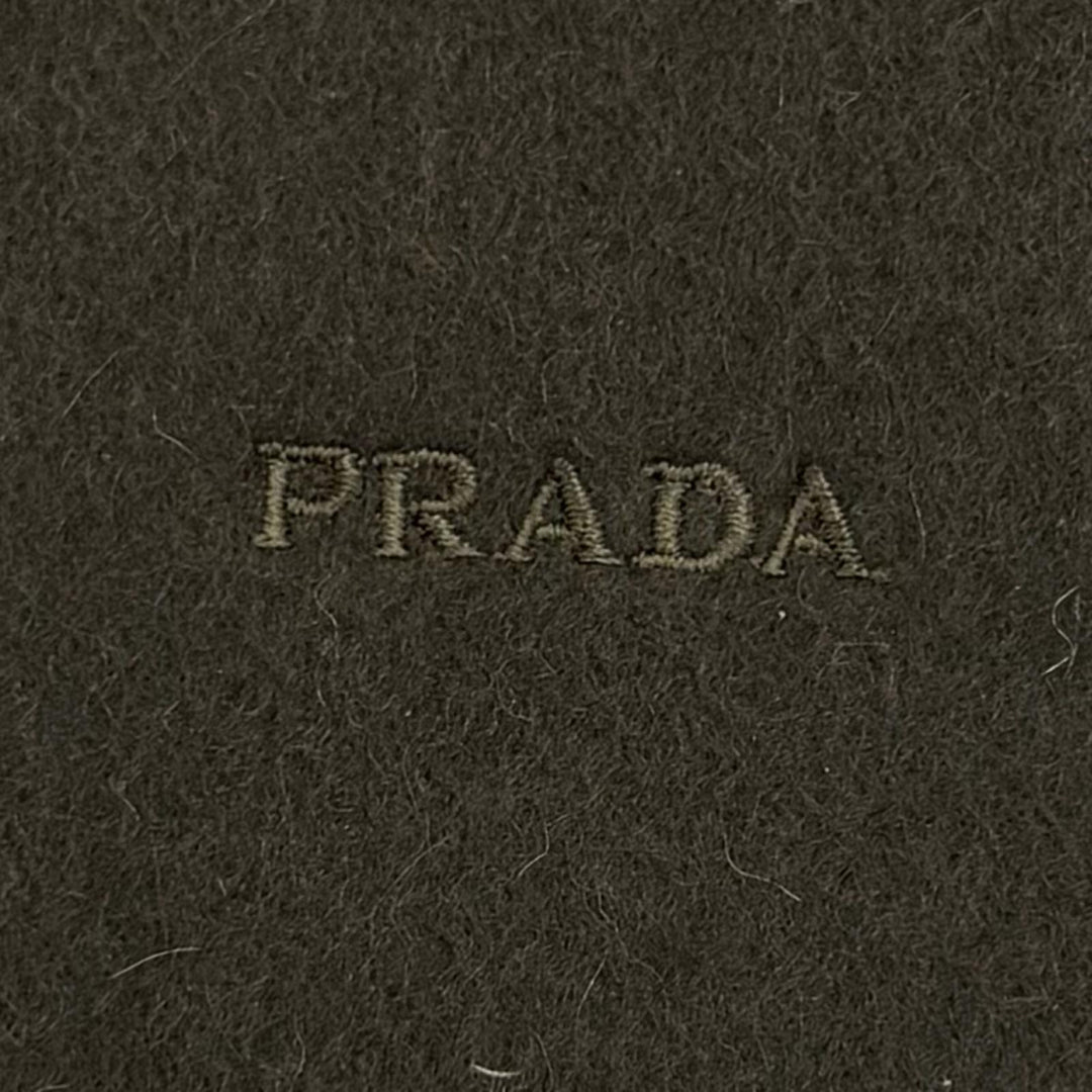 美品★PRADA プラダ ウール カシミヤ混 ロゴ刺繍入り 無地 フリンジ付 マフラー ストール ダークブラウン 20×160 正規品 レディース