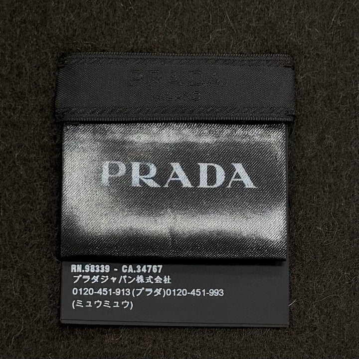 美品★PRADA プラダ ウール カシミヤ混 ロゴ刺繍入り 無地 フリンジ付 マフラー ストール ダークブラウン 20×160 正規品 レディース