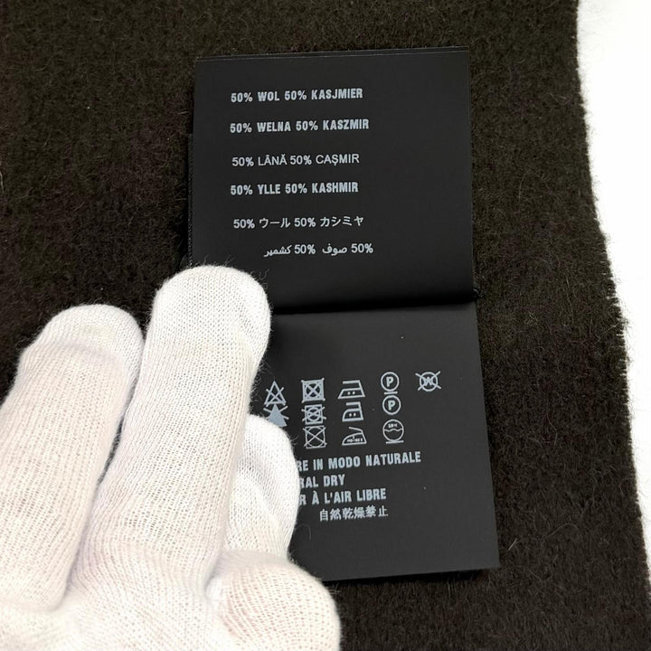 美品★PRADA プラダ ウール カシミヤ混 ロゴ刺繍入り 無地 フリンジ付 マフラー ストール ダークブラウン 20×160 正規品 レディース