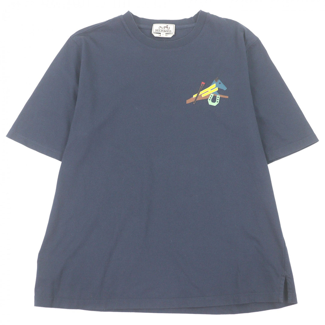 美品□HERMES エルメス 22SS コットン100％ ラムレザーホースパッチ ショートスリーブ 半袖Ｔシャツ カットソー ネイビー S イタリア製