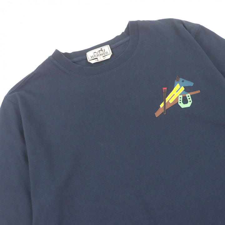 美品□HERMES エルメス 22SS コットン100％ ラムレザーホースパッチ ショートスリーブ 半袖Ｔシャツ カットソー ネイビー S イタリア製