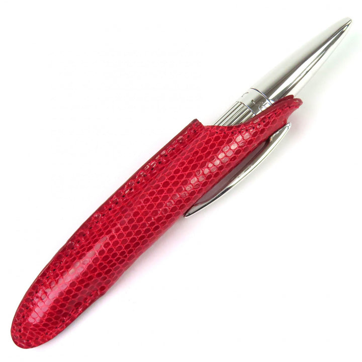 極美品△JORG HYSEK ヨルグ イゼック クロコダイルレザーケース付き ロゴ刻印 ツイスト式 ボールペン シルバー レッド メンズ 筆記確認済