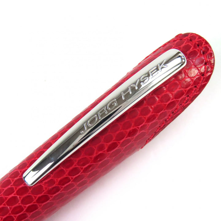 極美品△JORG HYSEK ヨルグ イゼック クロコダイルレザーケース付き ロゴ刻印 ツイスト式 ボールペン シルバー レッド メンズ 筆記確認済