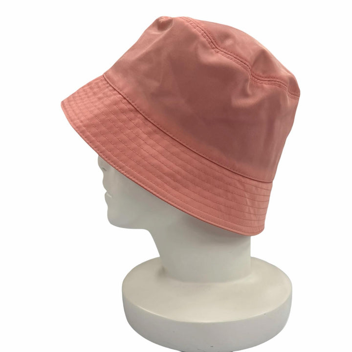 極美品◇PRADA プラダ 裏地コットン100％ レザー使い トライアングルロゴプレート バケットハット 帽子 ピンク M イタリア製 レディース