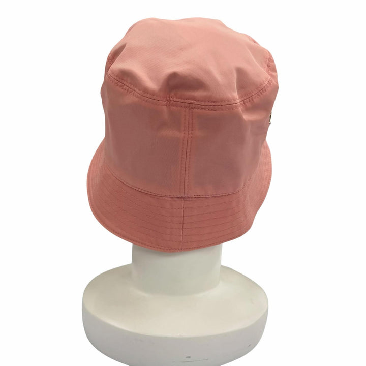 極美品◇PRADA プラダ 裏地コットン100％ レザー使い トライアングルロゴプレート バケットハット 帽子 ピンク M イタリア製 レディース
