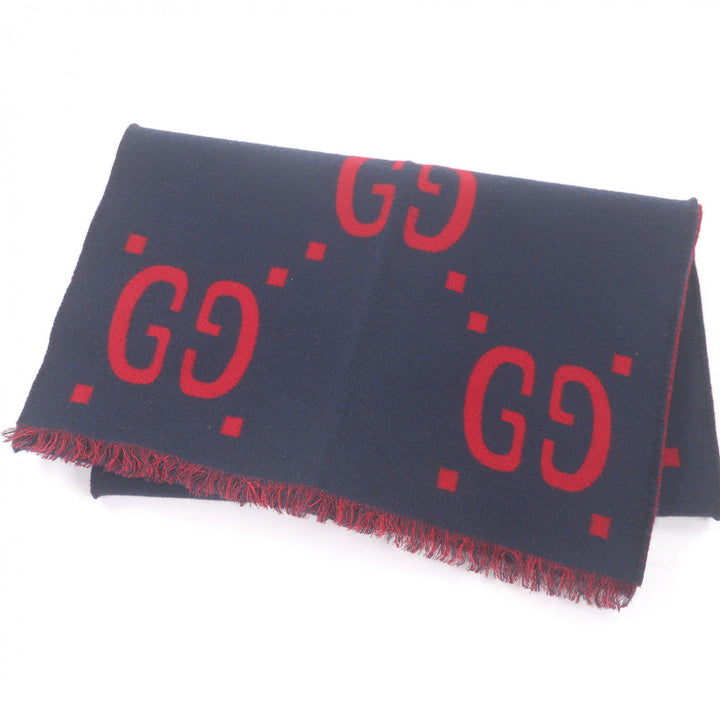 美品□GUCCI グッチ 495592 ウール シルク ジャンボGG ジャガード 現行品 フリンジマフラー ネイビー レッド イタリア製 正規品 メンズ