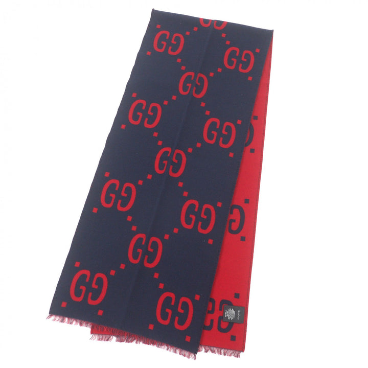 美品□GUCCI グッチ 495592 ウール シルク ジャンボGG ジャガード 現行品 フリンジマフラー ネイビー レッド イタリア製 正規品 メンズ