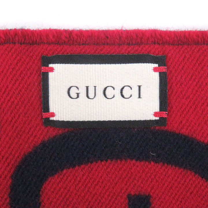 美品□GUCCI グッチ 495592 ウール シルク ジャンボGG ジャガード 現行品 フリンジマフラー ネイビー レッド イタリア製 正規品 メンズ