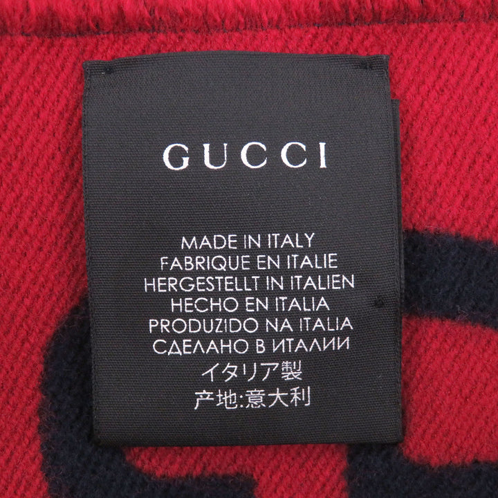 美品□GUCCI グッチ 495592 ウール シルク ジャンボGG ジャガード 現行品 フリンジマフラー ネイビー レッド イタリア製 正規品 メンズ