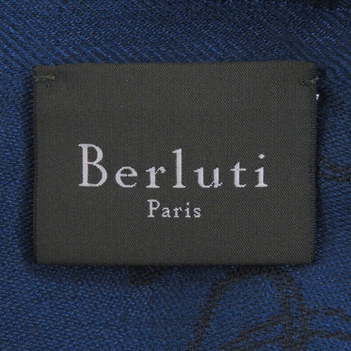 極美品□Berluti ベルルッティ カシミヤ シルク カリグラフィ フリンジ 大判ショール ストール マフラー ブルー イタリア製 正規品